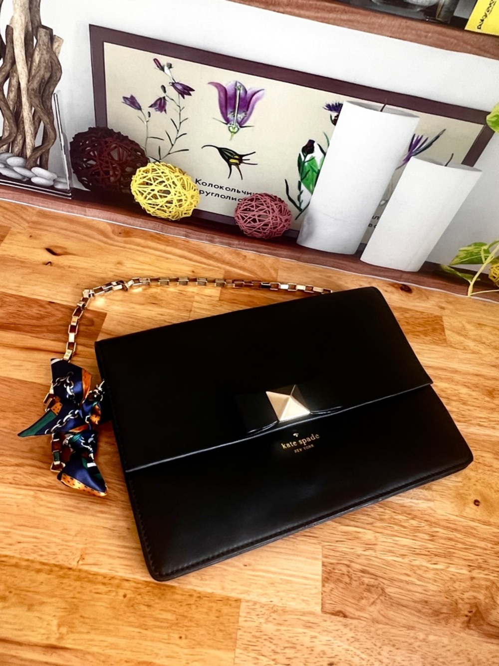 Kate Spade New York Black Leather Clutch Bag with Shoulder Strap and Bow Accent - Picture 2 of 14
